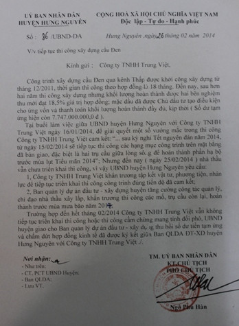 Văn bản của UBND huyện Hưng Nguyên yêu cầu nhà thầu là Công ty TNHH Trung Việt tiếp tục thi công theo đúng cam kết Văn bản của UBND huyện Hưng Nguyên yêu cầu nhà thầu là Công ty TNHH Trung Việt tiếp tục thi công theo đúng cam kết