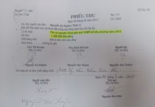 Biên bản làm việc, phiếu thu của các hộ dân "cống" cho UBND xã Ninh Hiệp 1.500.000.000 đồng (Ảnh Chí Nhân)