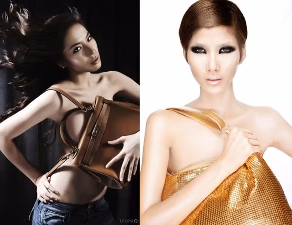 Túi xách Chung Thục Quyên và quán quân Vietnam Next Top Model 2010 Hoàng Thùy lại dùng túi xách che ngực. Túi xách Chung Thục Quyên và quán quân Vietnam Next Top Model 2010 Hoàng Thùy lại dùng túi xách che ngực.