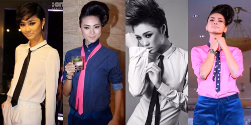 Showbiz Việt ngày nay, các mỹ nhân cũng đang a-lê-kết chiếc cà-vạt. Trà My & Ngô Thanh Vân cá tính khi diện phụ kiện này.