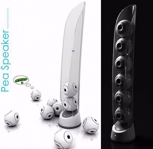 9. Bộ loa hạt đậu- Pea speaker Từ ý muốn thay đổi các mẫu loa truyền thống, nhà thiết kế Lu Le đã sáng tạo ra mẫu loa Pea (hình hạt đậu ) lạ mắt này. Loa gồm bẩy loa nhỏ hình tròn giống như quả bóng, có khả năng kết nối Bluetooth, sạc cảm ứng nhờ các hạt ion cùng với bộ phận bao ngoài để kiểm soát âm thanh của toàn hệ thống. Đây thực sự là một ý tưởng vô cùng sáng tạo, đáp ứng mong muốn mở rộng vùng âm thanh.