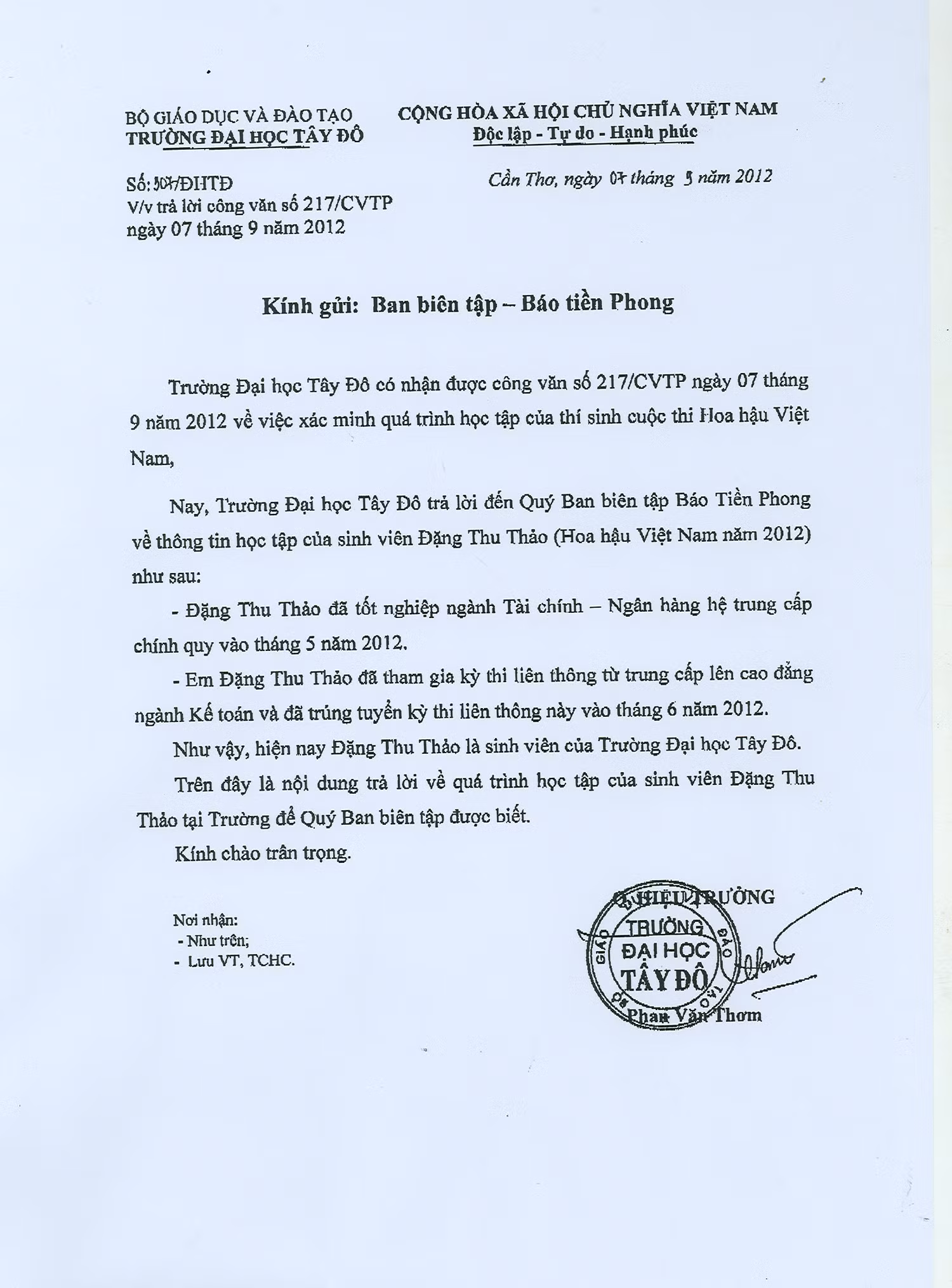 Công văn trả lời của Đại học Tây đô liên quan chuyện học vấn Thu Thảo.