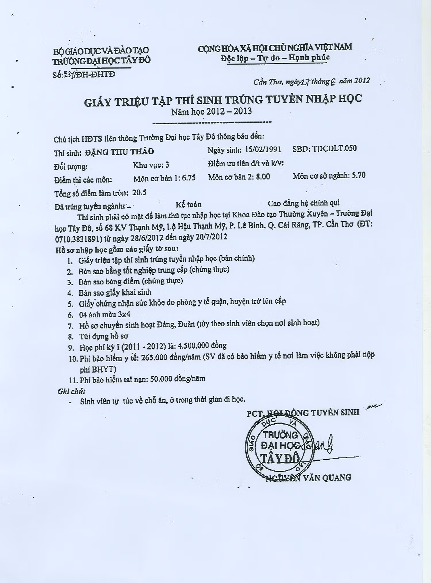 Giấy triệu tập nhập học của Thu Thảo.