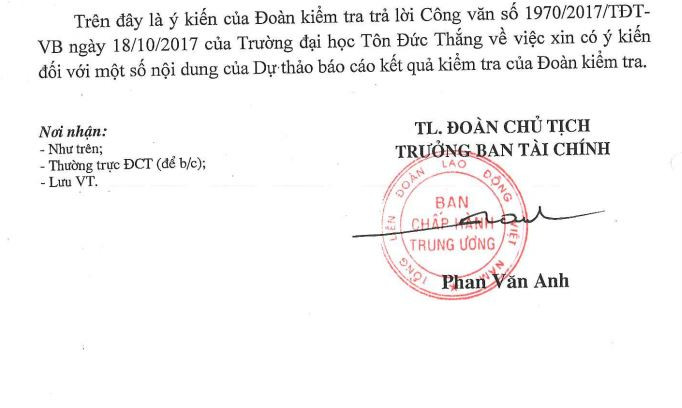 Ảnh chụp màn hình trang cuối văn bản số 1933/TLĐ ngày 29/11/2017 mà Trưởng ban Tài chính Phan Văn Anh "thừa lệnh Đoàn chủ tịch Tổng liên đoàn" ký, gửi Trường Đại học Tôn Đức Thắng.