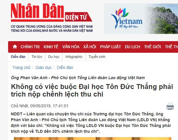 Ảnh chụp màn hình bài viết trên Báo Nhân Dân dẫn lời ông Phan Văn Anh - Phó chủ tịch Tổng liên đoàn Lao động Việt Nam khẳng định "không có việc Tổng liên đoàn Lao động Việt Nam buộc Đại học Tôn Đức Thắng phải trích nộp về Tổng liên đoàn đến 30% chênh lệch thu chi".