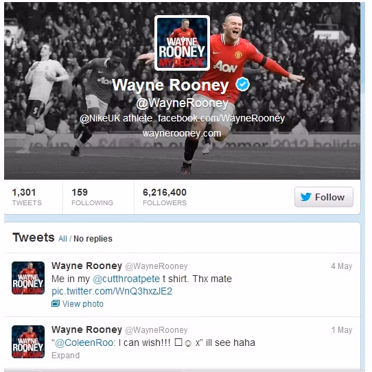 Đặc biệt, mới đây Rooney cũng đã chính thức thay đổi thông tin cá nhân của mình trên trang Twitter cá nhân từ "cầu thủ của CLB Man United " thành "VĐV của Nike".
