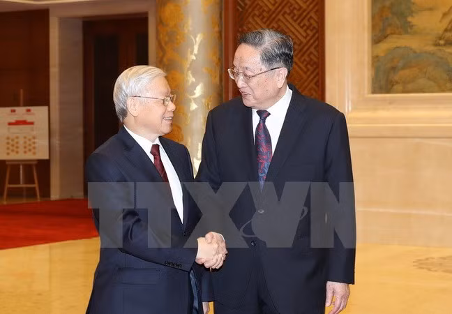Tổng Bí thư Nguyễn Phú Trọng hội kiến với Ủy viên Thường vụ Bộ Chính trị, Chủ tịch Chính Hiệp Trung Quốc Du Chính Thanh. (Ảnh: Trí Dũng/TTXVN) Tổng Bí thư Nguyễn Phú Trọng hội kiến với Ủy viên Thường vụ Bộ Chính trị, Chủ tịch Chính Hiệp Trung Quốc Du Chính Thanh. (Ảnh: Trí Dũng/TTXVN)