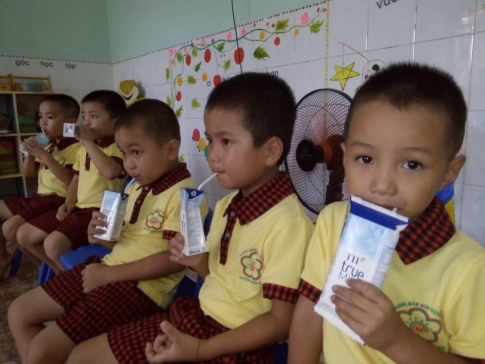 Học sinh mẫu giáo, tiểu học ở Nghệ An uống sữa học đường 5 hộp/tuần vào khoảng 10h sáng hoặc 2-3h chiều hàng ngày.
