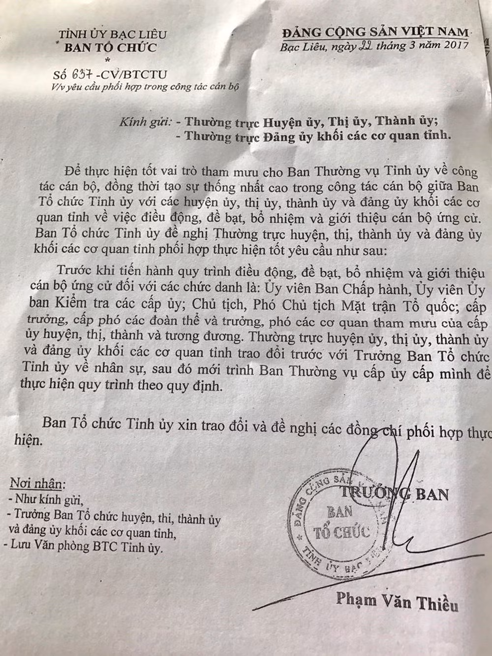 Công văn vừa bị “tuýt còi" của Trưởng Ban Tổ chức Tỉnh ủy Bạc Liêu.