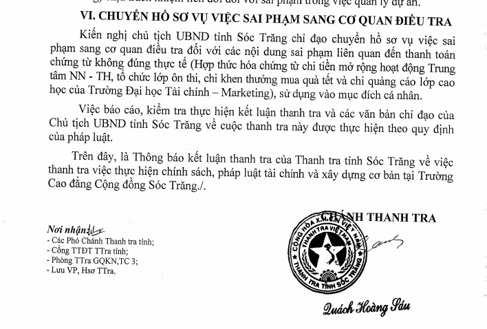Xét thấy có dấu hiệu vi phạm pháp luật, Thanh tra Nhà nước tỉnh Sóc Trăng chuyển hồ sơ sang cơ quan điều tra để xử lý theo thẩm quyền.