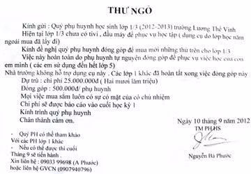 Thư ngỏ khiến nhiều phụ huynh ái ngại. (Ảnh minh họa: Vietnamnet.vn)