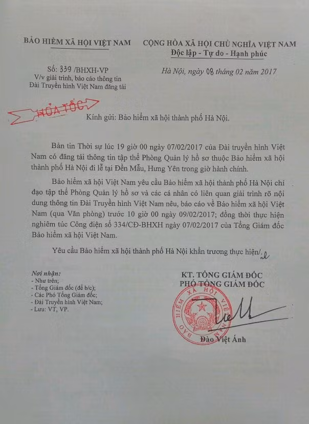 Công văn Bảo hiểm xã hội Việt Nam gửi Bảo hiểm xã hội thành phố Hà Nội.