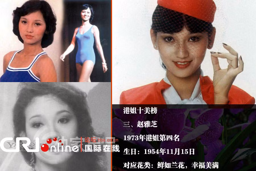 Triệu Nhã Chi, Á hậu 3 Hoa hậu Hồng Kông 1973, sinh ngày 15/11/1954. Đệ nhất mỹ nhất truyền hình chính là người đẹp Triệu Nhã Chi, tuy không lọt vào top 3 cuộc thi Hoa hậu 1973 nhưng sự nghiệp của Triệu Nhã Chi vẫn khởi sắc cực đỉnh với hàng loạt vai diễn để đời cũng như uy tín của gương mặt người đẹp họ Triệu đảm bảo độ hot cho một bộ phim có sự tham gia của cô, với những vai diễn kinh điển như Tô Dung Dung, Phùng Trình Trình, Diêu Mộc Lan, Bạch Nương Tử…