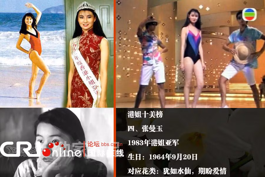 Trương Mạn Ngọc, Á hậu Hồng Kông 1983, sinh ngày 20/9/1964. Nữ hoàng điện ảnh tầm cỡ thế giới không ai đọ nổi đó chính là Trương Mạn Ngọc, là Hoa hậu duy nhất của Hồng Kông giữ vị trí số một trong làng điện ảnh cho đến giờ. Trong đêm chung kết cuộc thi Hoa hậu 1983, Trương Mạn Ngọc trong trang phục áo tắm vừa gợi cảm vừa quyến rũ khiến khán giả không dám rời mắt.