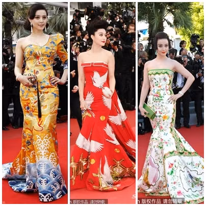 Phạm Băng Băng với Long Bào tại LHP Cannes 63, Tiên Hạc tại Cannes 64 và Sứ Trung Quốc tại Cannes 65.