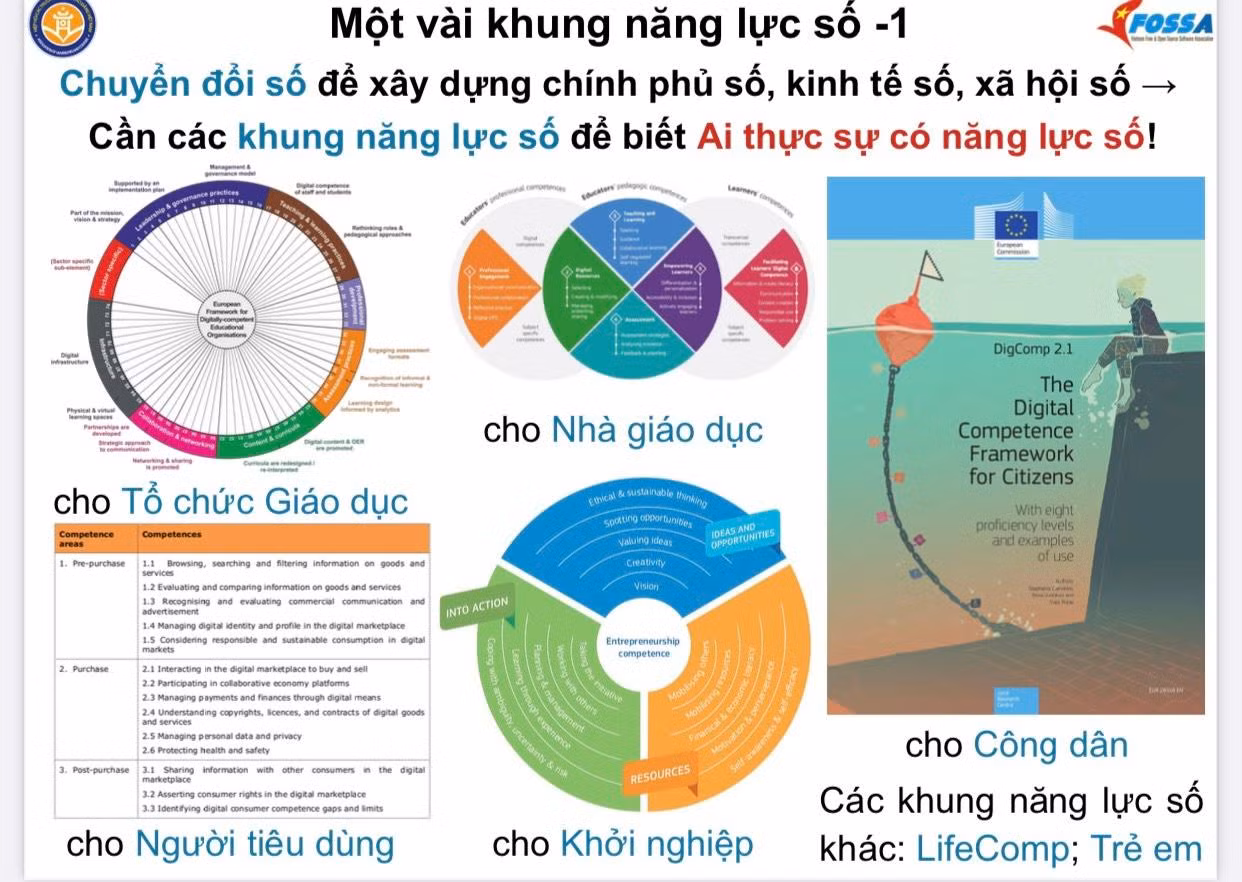 Một vài khung năng lực số đã được áp dụng tại Liên minh châu Âu được nêu trong tham luận. (Ảnh chụp màn hình)