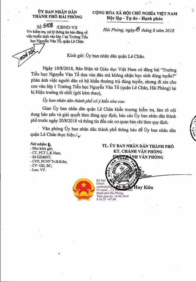 Thành phố Hải Phòng có văn bản hỏa tốc chỉ đạo kiểm tra, làm rõ vụ Trường Tiểu học Nguyễn Văn Tố không nhận học sinh đúng tuyến (Ảnh: Lã Tiến)