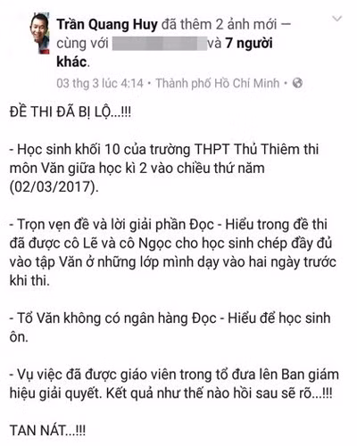 Nội dung mà ông Huy đã viết trên facebook của mình trong ngày 3/3/2017 (ảnh: B.N) Nội dung mà ông Huy đã viết trên facebook của mình trong ngày 3/3/2017 (ảnh: B.N)