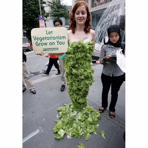 Một thành viên của PETA trong chiếc váy rau riếp trước một siêu thị ở thủ đô Kuala Lumpur của Malaysia. Ảnh. AP.