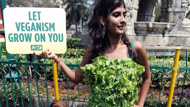 Một nữ tình nguyện viên ở Mumbai, Ấn Độ mặc váy rau diếp trong chiến dịch của PETA. Ảnh. AFP.