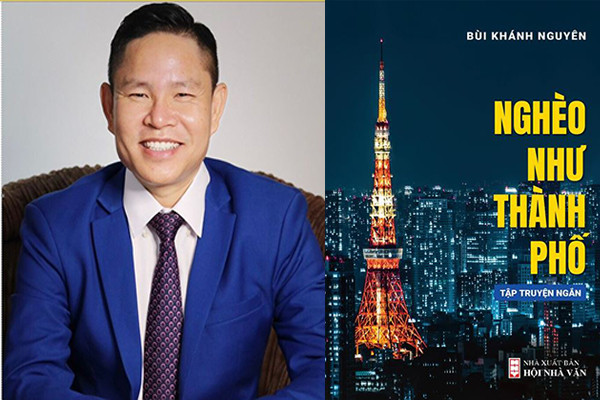 Chuyên gia giáo dục - thầy giáo tiếng Anh Bùi Khánh Nguyên và bìa tập truyện ngắn "Nghèo như thành phố". (Ảnh: NVCC)