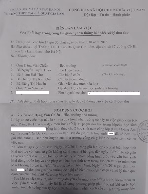 Biên bản làm việc của Trường THPT Cao Bá Quát về việc phối hợp trong công tác giáo dục và thông báo xử lý đơn thư. Ảnh Trần Việt. Biên bản làm việc của Trường THPT Cao Bá Quát về việc phối hợp trong công tác giáo dục và thông báo xử lý đơn thư. Ảnh Trần Việt.
