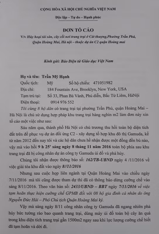 Đơn tố cáo Công ty Gamuda Land Việt Nam hủy hoại tài sản của bà Trần Mỹ Hạnh gửi Báo điện tử Giáo dục Việt Nam. Ảnh Trần Việt.