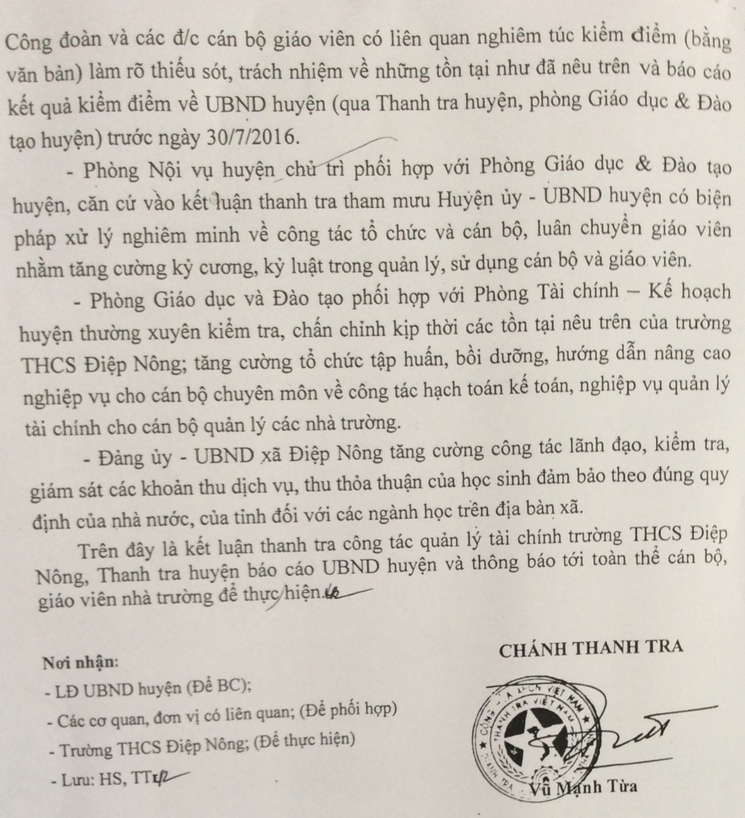 Kết luận số 103/KL-TTr ngày 25/07/2016 của Thanh tra huyện Hưng Hà về Công tác quản lý thu chi tài chính tại Trường THCS Điệp Nông.