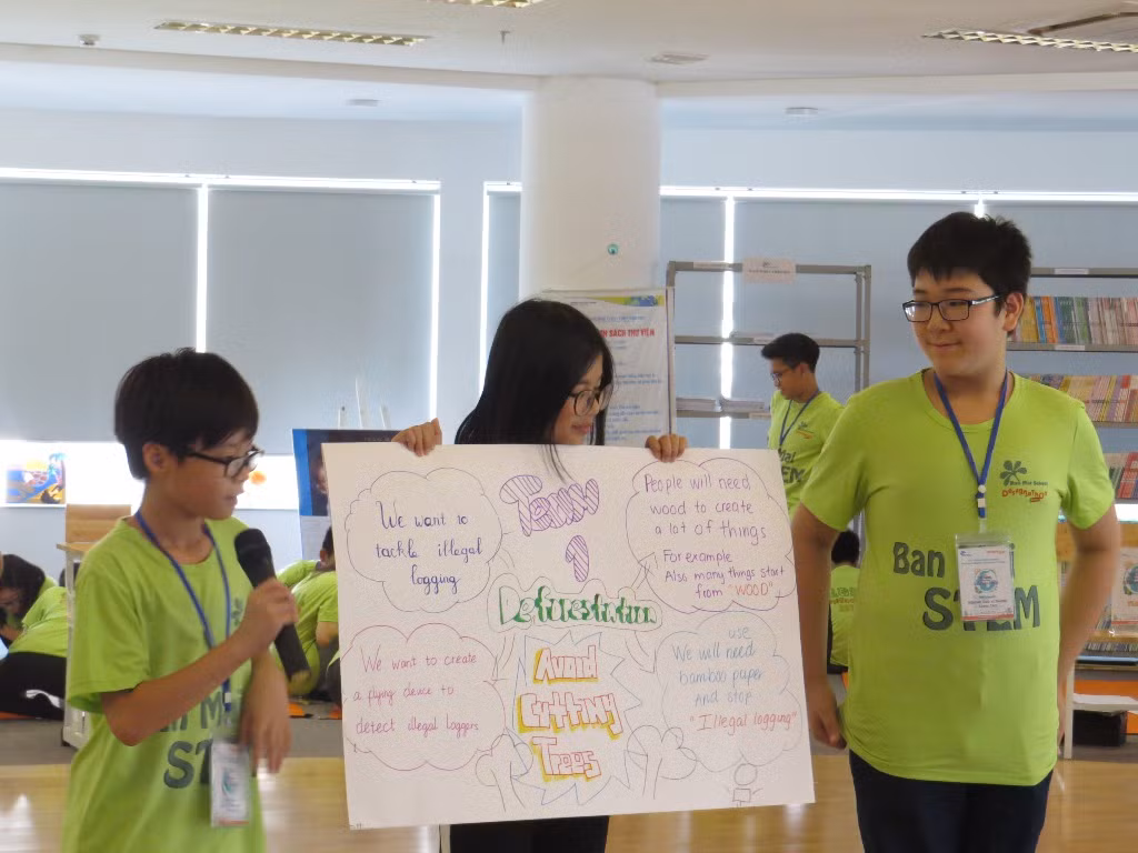 Các em thuyết minh về vấn đề. Ảnh: Nhà trường cung cấp