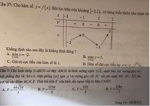 Câu 37 trong mã đề 015 không có đáp án đúng.