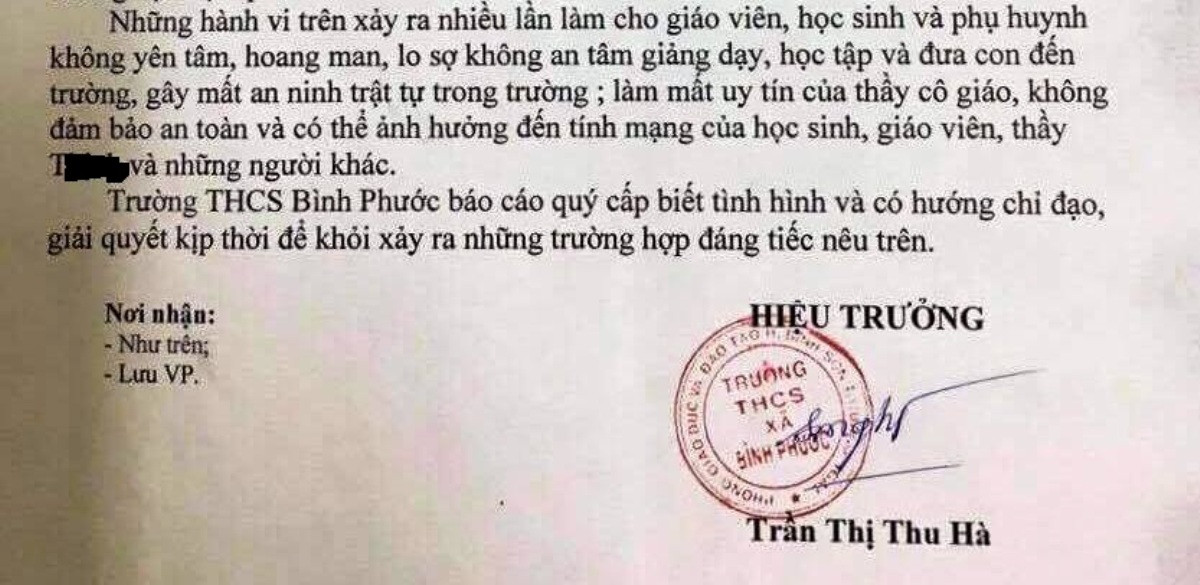 Công văn "cầu cứu" của Hiệu trưởng Trường trung học cơ sở Bình Phước (Bình Sơn) về trường hợp của thầy T. Ảnh: AN