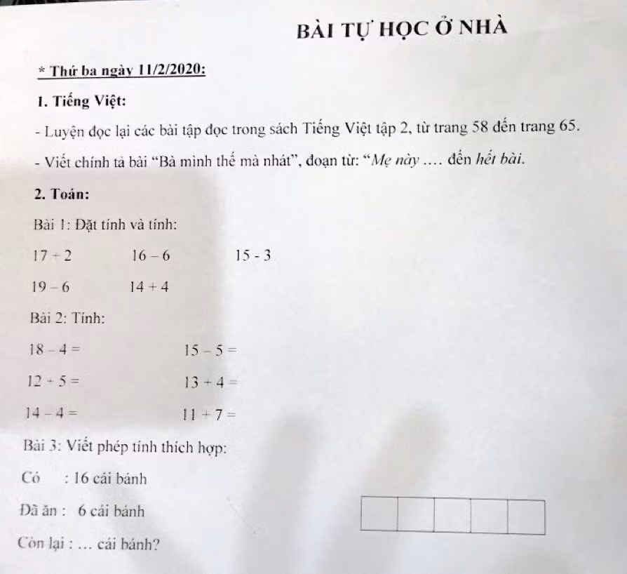 Phiếu bài tự học ở nhà của Trường Tiểu học Chu Văn An (quận Ngô Quyền) (Ảnh: LT) Phiếu bài tự học ở nhà của Trường Tiểu học Chu Văn An (quận Ngô Quyền) (Ảnh: LT)