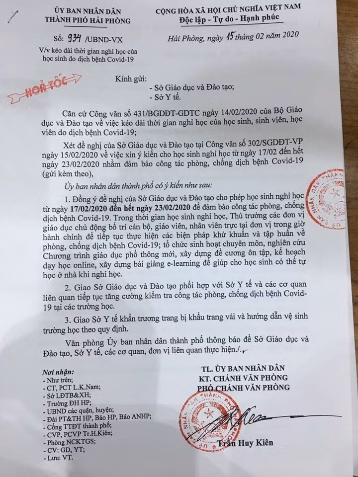 Văn bản hỏa tốc của Ủy ban nhân dân thành phố Hải Phòng (Ảnh: LT)