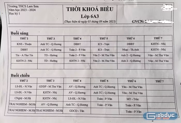 Thời khóa biểu lớp 6A3 của Trường trung học cơ sở Lam Sơn, Quận 6, Thành phố Hồ Chí Minh. Chú thích: Văn 2, Toán 2, KHTN 2, số 2 là để phân biệt môn học buổi 2 các môn này với tiết học chính khóa trong chương trình.(ảnh minh họa: V.D) Thời khóa biểu lớp 6A3 của Trường trung học cơ sở Lam Sơn, Quận 6, Thành phố Hồ Chí Minh. Chú thích: Văn 2, Toán 2, KHTN 2, số 2 là để phân biệt môn học buổi 2 các môn này với tiết học chính khóa trong chương trình.(ảnh minh họa: V.D)