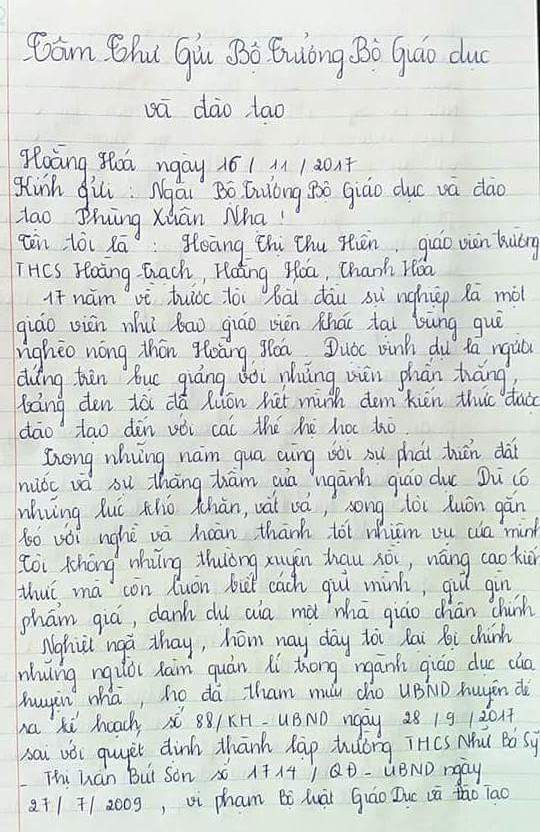 Bức thư cô Hiền viết gửi Bộ trưởng Phùng Xuân Nhạ. Ảnh: Thiên Minh.