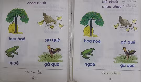 Hình ảnh chụp từ sách Tiếng Việt lớp 1 công nghệ giáo dục của giáo sư Hồ Ngọc Đại xuất bản năm 2014 với bản năm 2015 (Ảnh: Trần Hương Giang)