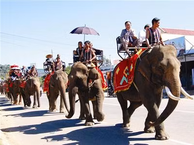 Chín giờ sáng, sau lễ gia tiên long trọng tổ chức tại nhà gái ở 27 N"Trang Lơng, thị trấn Liên Sơn, đoàn rước dâu khởi hành. Một đài voi chắc chắn được dựng sẵn trước sân, 20 con voi khỏe đẹp nhất của huyện Lăk xếp thẳng hàng, lễ phép cúi đầu chờ đợi. Quan viên hai họ lần lượt thượng đài rồi từng đôi bước sang bành voi gắn trên chiếu lụa đỏ rực lộng lẫy. Ảnh: Nguyễn Quyền (Tiền phong) Chín giờ sáng, sau lễ gia tiên long trọng tổ chức tại nhà gái ở 27 N"Trang Lơng, thị trấn Liên Sơn, đoàn rước dâu khởi hành. Một đài voi chắc chắn được dựng sẵn trước sân, 20 con voi khỏe đẹp nhất của huyện Lăk xếp thẳng hàng, lễ phép cúi đầu chờ đợi. Quan viên hai họ lần lượt thượng đài rồi từng đôi bước sang bành voi gắn trên chiếu lụa đỏ rực lộng lẫy. Ảnh: Nguyễn Quyền (Tiền phong)