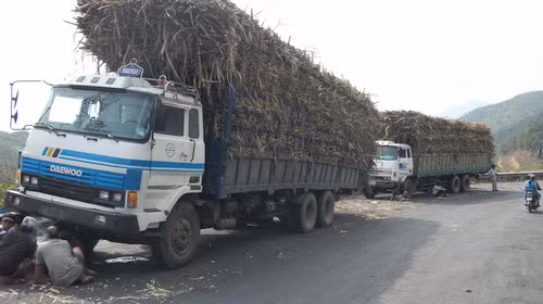 Chiếc xe tải chở mía chết máy trên đèo Mang Yang đêm 18/3. Ảnh: Hoa Lư