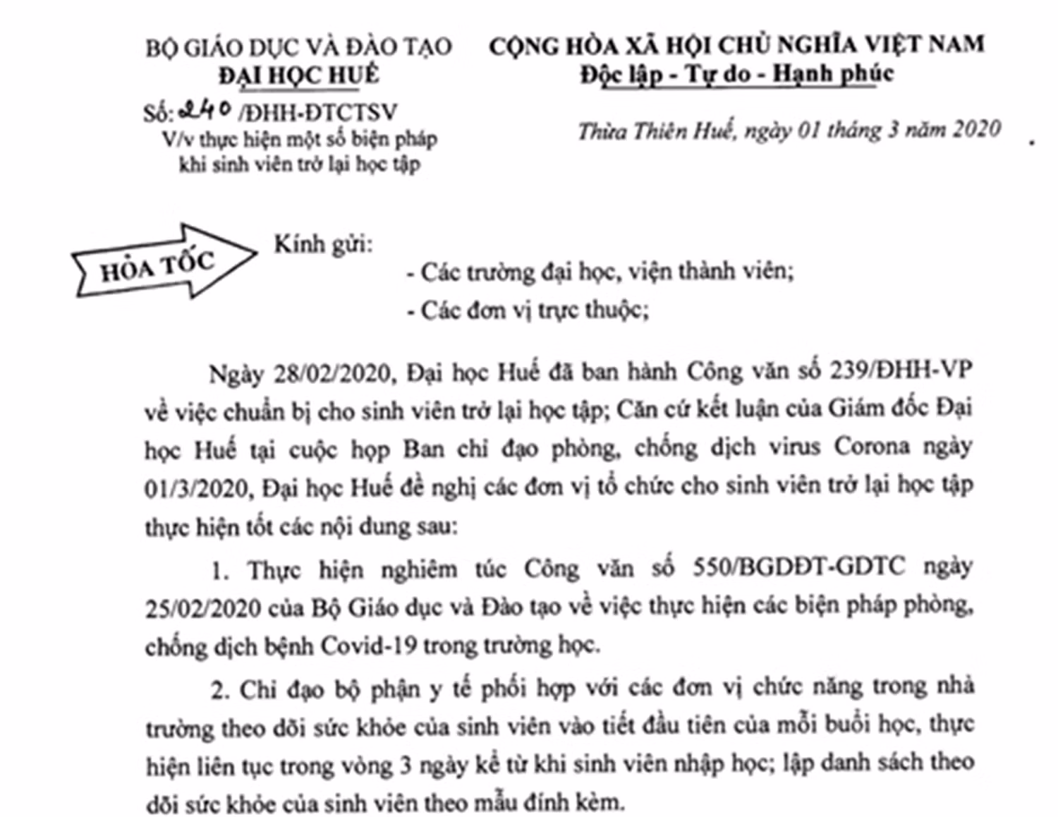 Công văn hỏa tốc về việc bảo đảm an toàn cho sinh viên khi đi học lại của Đại học Huế. Ảnh: TTr. Công văn hỏa tốc về việc bảo đảm an toàn cho sinh viên khi đi học lại của Đại học Huế. Ảnh: TTr.