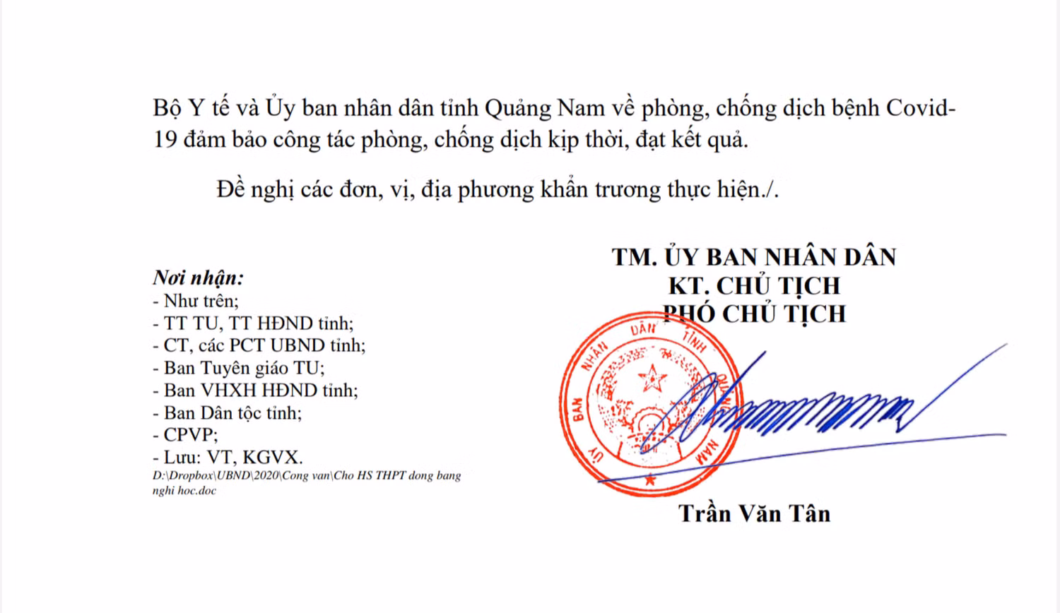 Công văn của tỉnh Quảng Nam về việc cho học sinh một số khu vực nghỉ học. Ảnh: AN