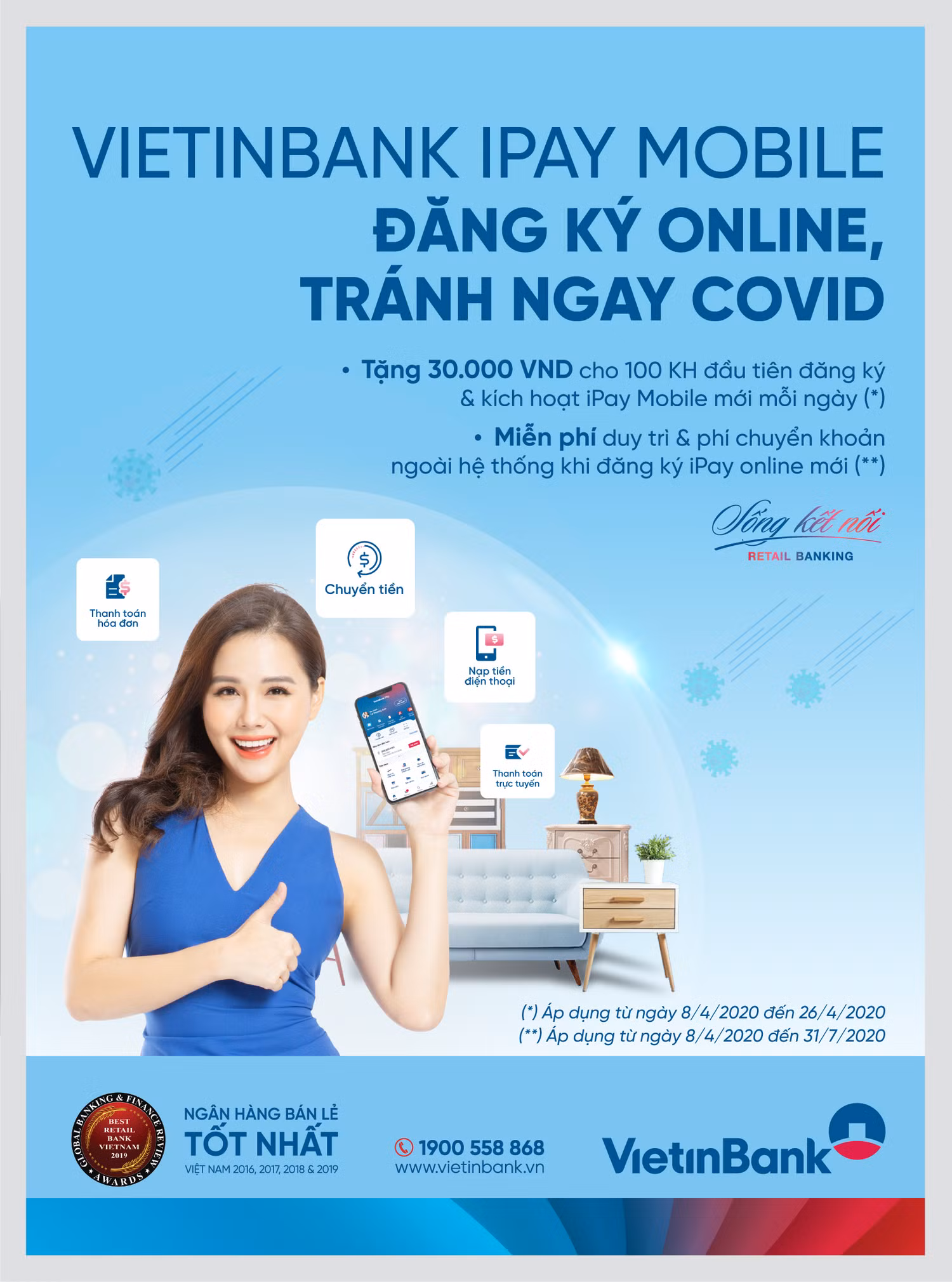Giao dịch trực tuyến qua VietinBank iPay giảm thiểu tối đa việc khách hàng phải ra ngoài hoặc tiếp xúc trực tiếp với tiền mặt Giao dịch trực tuyến qua VietinBank iPay giảm thiểu tối đa việc khách hàng phải ra ngoài hoặc tiếp xúc trực tiếp với tiền mặt