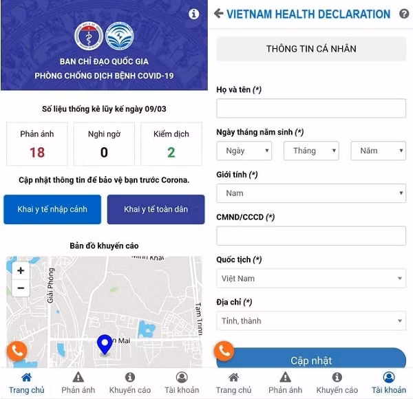 Giao diện ứng dụng Vietnam Health Declaration trên điện thoại Giao diện ứng dụng Vietnam Health Declaration trên điện thoại