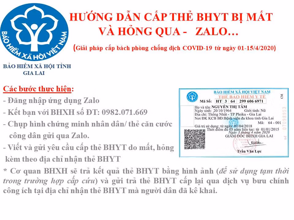 Bảo hiểm xã hội tỉnh Gia Lai thực hiện cấp thẻ Bảo hiểm y tế qua mạng xã hội Zalo trong thời gian cách ly xã hội.
