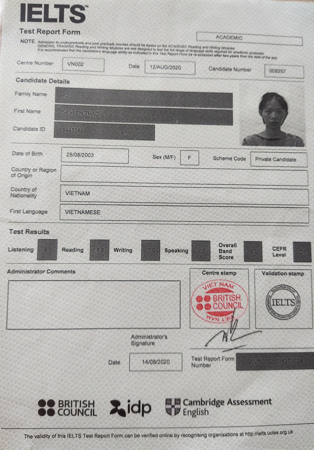 Bảng điểm kết quả IELTS trong lần thi đầu tiên của Hiền Thảo. (Ảnh: Nhân vật cung cấp)