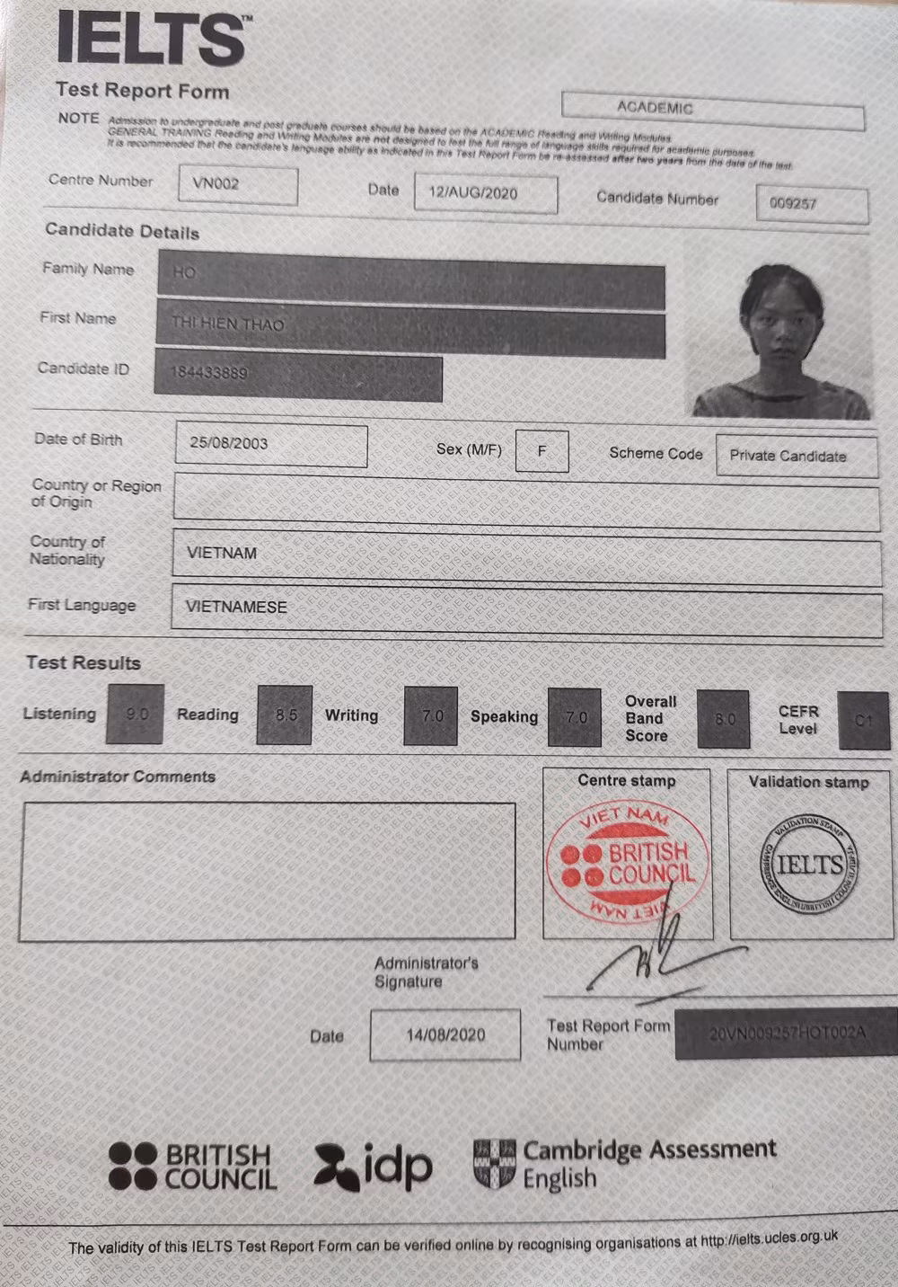 Bảng điểm kết quả IELTS trong lần thi đầu tiên của Hiền Thảo. (Ảnh: Nhân vật cung cấp) Bảng điểm kết quả IELTS trong lần thi đầu tiên của Hiền Thảo. (Ảnh: Nhân vật cung cấp)