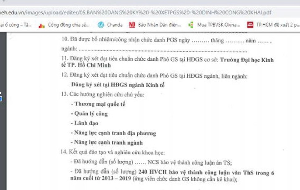 Bản kê khai của một giảng viên từ năm 2013 đến 2019 đã hướng dẫn 240 học viên cao học. (ảnh chụp màn hình) Bản kê khai của một giảng viên từ năm 2013 đến 2019 đã hướng dẫn 240 học viên cao học. (ảnh chụp màn hình)
