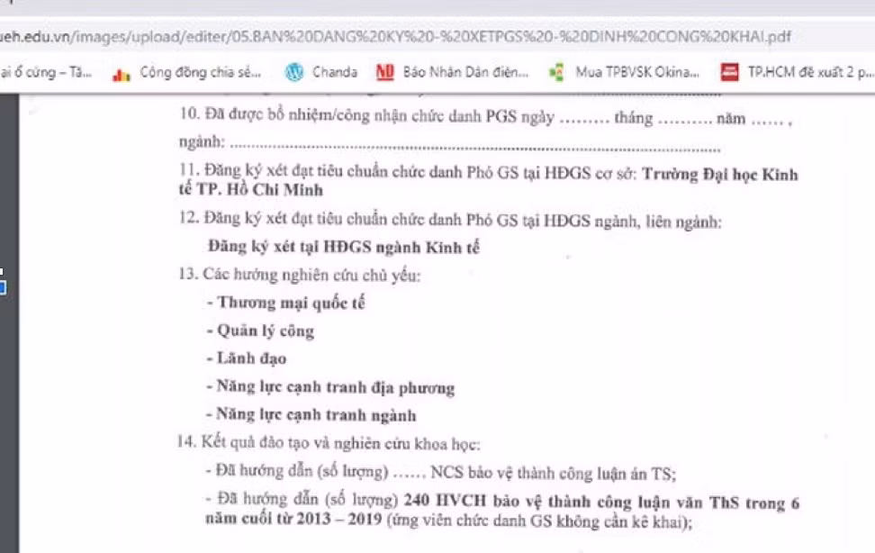 Bản kê khai của một giảng viên từ năm 2013 đến 2019 đã hướng dẫn 240 học viên cao học. (ảnh chụp màn hình) Bản kê khai của một giảng viên từ năm 2013 đến 2019 đã hướng dẫn 240 học viên cao học. (ảnh chụp màn hình)
