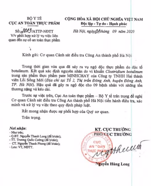 Cục An toàn thực phẩm đã có Công văn số 2013/ATTP-NĐTT ngày 1/9/2020 gửi Cơ quan Cảnh sát điều tra Công an thành phố Hà Nội để tiến hành điều tra, xác minh và xử lý vụ việc theo quy định của pháp luật.