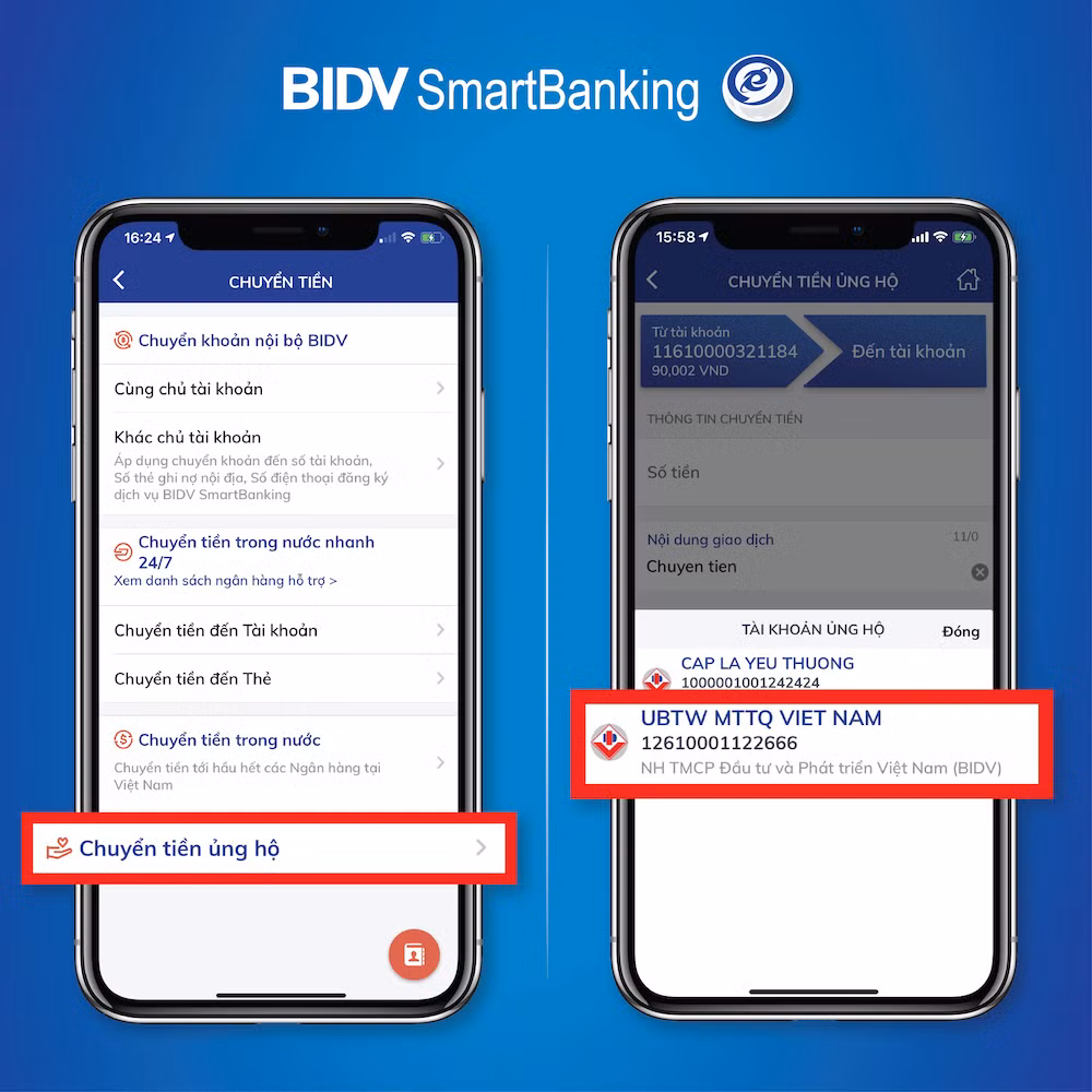 Tài khoản của Uỷ Ban Trung ương Mặt trận Tổ quốc Việt Nam đã được tích hợp sẵn trên ứng dụng BIDV Smartbanking Tài khoản của Uỷ Ban Trung ương Mặt trận Tổ quốc Việt Nam đã được tích hợp sẵn trên ứng dụng BIDV Smartbanking