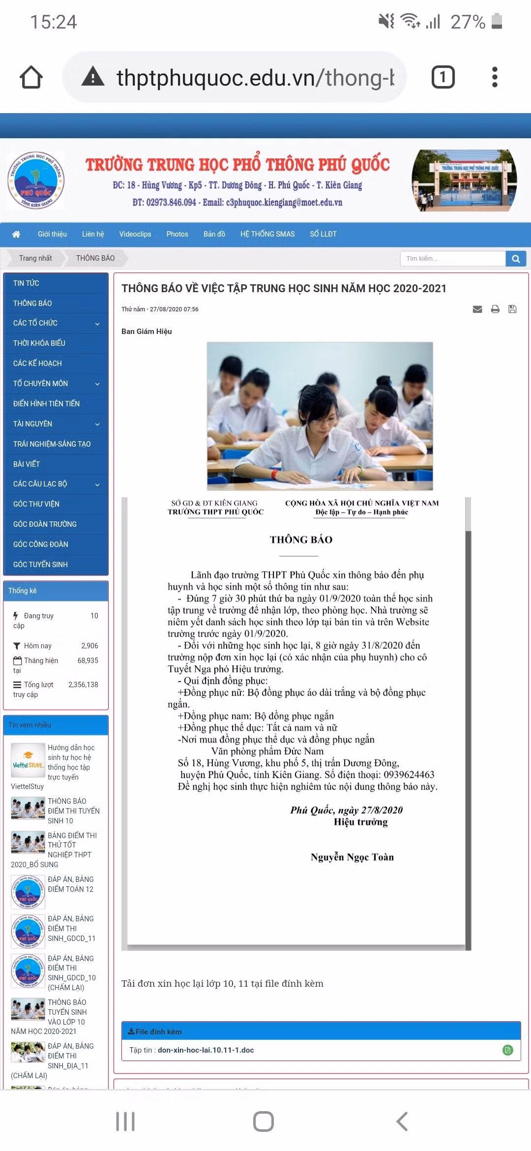 Thông báo trên Cổng thông tin điện tử của Trường Trung học phổ thông Phú Quốc, Kiên Giang (Ảnh chụp màn hình)